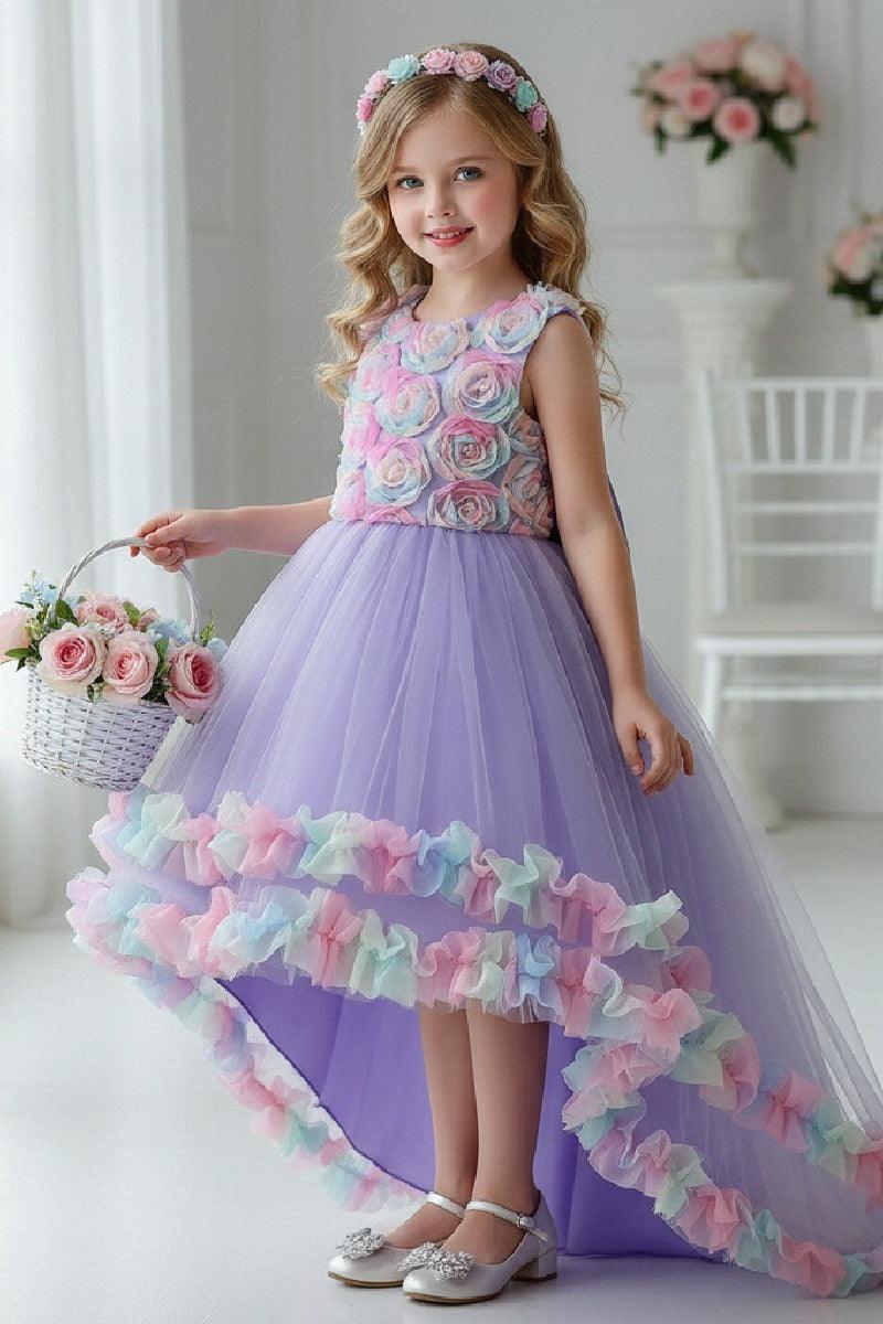 High-Low Sleeveless Tulle Rainbow Ruffle Hem Flower Girl Dresses 1029257838364 - 7 Days / Purple / 110cm - COCOMELODY